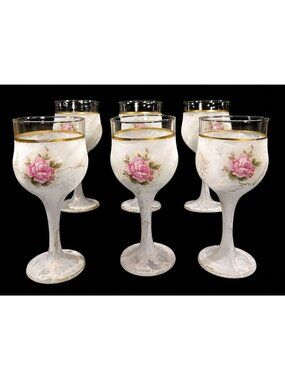 Vintage Arte Murano Scavo Bianco Shabby Chic Roses Wine Glasses Set 6.75" Tall